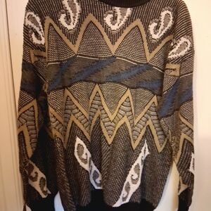 Vintage Generra Geometric Patterned Sweater - Black, Gray, Cream